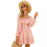 Women Tie Back Long Lantern Sleeve Square Neck Ruffle Dress Elastic Waist Aline Casual Mini Dress