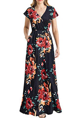 Black Floral Women Cap Sleeve Loose Plain Pockets Maxi Casual Formal Long Dresses - REPHYLLIS | Women's Formal Dresses