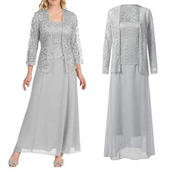 Women Plus Size Two Piece Long Sleeve Party Dress Lace Solid Color Long Maxi Dress Mini Dress