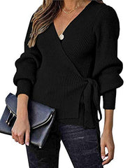 Women's Fall Winter Sexy V Neck Oversized Sweater Balloon Sleeve Ribbed Wrap Chunky Knit Pullover Tunic Top