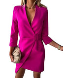 Womens Blazer Dress V Neck 4-Mar Sleeve Sexy Wrap Work Office Dresses with Belt | Women's Work Dresses