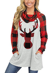 For G and PL Women's Christmas Reindeer Plaid Long Sleeve Pullover with Pocket