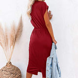 Ladies O-Neck Mid-Caif Short-Sleeved Slim-Fit Split Pocket Bottoming Dress Bodycon Dress Office Wear for Casual Club Cocktail Evening Gowns Work UK Size 8-26 | Women's Work Dresses