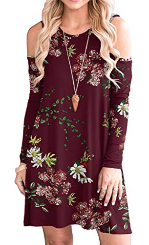 QIXING Women's Summer Cold Shoulder Tunic Top Swing T-Shirt Loose Dress with Pockets