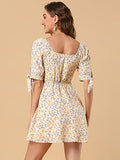 Women's Floral Printed Sweetheart Neck Puff Sleeve Fit and Flare A-Line Mini Dress