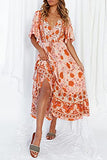 Women's Floral Print Sexy V Neck Short Sleeve Flowy Beach Party Maxi Dress | Original Brand | Women's Casual Dresses
