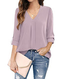 Dark Pink Womens 3/4 Cuffed Sleeve Chiffon Printed V Neck Casual Blouse Shirt Tops - Youtalia | Women's Tops and Blouses