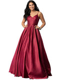 DFDG Spaghetti V Neck Prom Dresses for Women Long Ball Gown Ruched Satin Evening Party Gown with Pockets CMD009