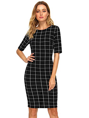 SheIn Women's Short Sleeve Plaid Grid Round Neck Elegant Sheath Pencil Bodycon Dress | Women's Casual Dresses