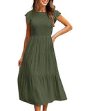 Army Green Summer Smocked Dress Flutter Short Sleeve Crewneck Elastic Waist Tiered Midi Dresses - WISFRUIT | Women's Casual Dresses