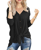 IWOLLENCE Women's Loose Henley Blouse Bat Wing Long Sleeve Button Down T Shirts Tie Front Knot Tops Black Medium | Women's Tops and Blouses