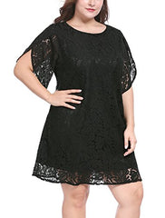 Women Plus Size Dresses Tulip Sleeves Hollow Floral Lace Shift Dress Valentines