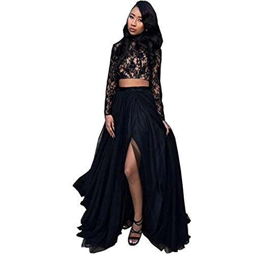 Two Piece Prom Dresses High Neck Long Sleeves Lace Prom Dress