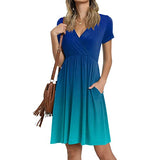 Summer Dress for Women Gradient Color Wrap V Neck Patchwork Short Sleeve Midi Dresses High Dress | Original Brand