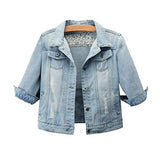 Hixiaohe Women Autumn 3/4 Sleeve Retro Short Denim Jackets Light Blue Jean Coats