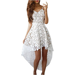 Summer Dresses For Women 2021, White Lace Cut-out V Neck Sleeveless Dress Sexy Backless A-line Irregular Dress