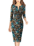 Lace With Blue Leopard Floral Print Womens Front Zipper Slim Work Office Business Cocktail Party Pencil Dress Vfshow