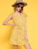 Women's Crossover V Neck Petal Sleeves Belted Floral Flowy Dress | Original Brand