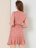 Women's 3/4 Sleeve Ruffle Hem Buttons Decor Drawstring Ruched Chiffon Dress