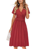 Wine Summer Short Sleeve V-Neck Floral Casual Ladies Dress with Pockets - OUGES | Women's Casual Dresses