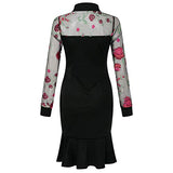 Wedding Guest Dresses For Women Sexy See Through Long Sleeve Slit Ruffles Hem Floral Slim Lace Bodycon Cocktail Dress | Women's Casual Dresses