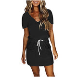 Summer Dresses for Women, Ladies Summer Fashion Casual V-Neck Short Sleeve Bandage Solid Loose Dress Party UK Size | Women's Work Dresses