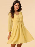 Women's Elastic Waist V Neck 3/4 Sleeve A-line Solid Flowy Chiffon Dress