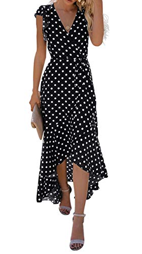 Polka Dots Black  Women's Summer Floral Print Cross V Neck Dress Bohemian Flowy Long Maxi Dresses - GRECERELLE