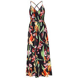 Women V Neck Wrap Spaghetti Strap Floral Print Maxi Dress Sexy Backless Tropical Summer Beach Maxi Long Dress | Original Brand