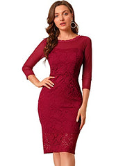 Women's Valentine's Day Mesh Sheer Long Sleeve Stretch Knit Floral Lace Bodycon Dress