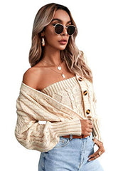 Women's Loose Long Sleeve Knit Button Down Cardigan Sweaters 2 Pieces Sweatshirt Pullove Crop Top Sets