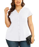 White Women's Plus Size Short Sleeve Shirt Button Down V Neck Tops Casual Blouses with Procket - TIANZHU | Women's Tops and Blouses