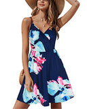 Blue Floral Pink V Neck Floral Spaghetti Strap Summer Dress Casual Swing Midi Sundress with Pocket - STYLEWORD | Women's Casual Dresses