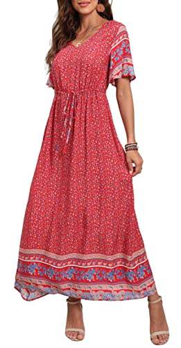 Blue Leadwort Red Summer Maxi Boho Beach Dress Floral Print Dress V Neck Short Sleeve Drawstring High Waist Flowy Long Midi Dresses - GRECERELLE