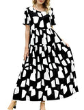 Black White Dresses Casual Plus Size Bohemian Short Sleeve Floral Long Maxi Summer Beach Swing Dress/Pockets - YESNO | Women's Casual Dresses