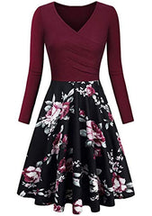 EFOFEI Womens V Neck Long Sleeve Casual Floral Print Swing A Line Dress | Women's Cocktail Dresses