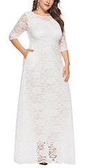 Women's Floral Lace 2/3 Sleeves Maxi Dress Plus Size Evening Party Dresses