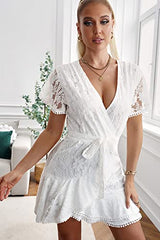 Lace Crochet Floral Midi Dress Short Sleeve Dress For Women V-neck Dress