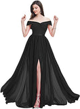 TOOWOOT Women's Off Shoulder Bridesmaid Dress with Slit Pleated A-line Chiffon Formal Evening Gowns