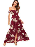 Red Flower Women's Boho Floral Print Off Shoulder Split Long A Line Dress - Floerns | Women's Formal Dresses
