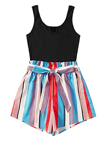 SOLY HUX selling Women's Summer Sleeveless Striped Belted Tank Romper Short Jumpsuit