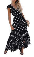 Black  Women's Summer Floral Print Cross V Neck Dress Bohemian Flowy Long Maxi Dresses - GRECERELLE