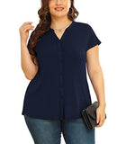 Navy Blue Women's Plus Size Short Sleeve Shirt Button Down V Neck Tops Casual Blouses with Procket - TIANZHU | Women's Tops and Blouses