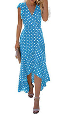 Polka Dots Light Blue  Women's Summer Floral Print Cross V Neck Dress Bohemian Flowy Long Maxi Dresses - GRECERELLE