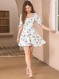 Women's Floral Printed Neck Puff Sleeve Fit and Flare A-Line Mini Dress | Original Brand