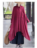 Women's Casual Cotton Linen High Low Irregular Hem Plus Size Long Button Down Shirt Dresses