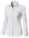 White Womens Slim-Fit Long Sleeve Stretchy Button Down Collar Office Formal Casual Shirt Blouse - EZEN | Women's Tops and Blouses