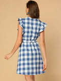 Women's Casual Plaids Ruffled Sleeve Sundress A-Line Vintage Gingham Check Dress | Original Brand