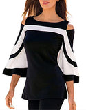 Women Blouses and Tops Black White Colorblock Bell Sleeve Cold Shoulder Top Shirt | Women's Tops and Blouses