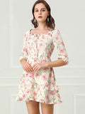 Women's Floral Print Bow Tie Neck 3/4 Sleeve Layered Mini Dress | Original Brand